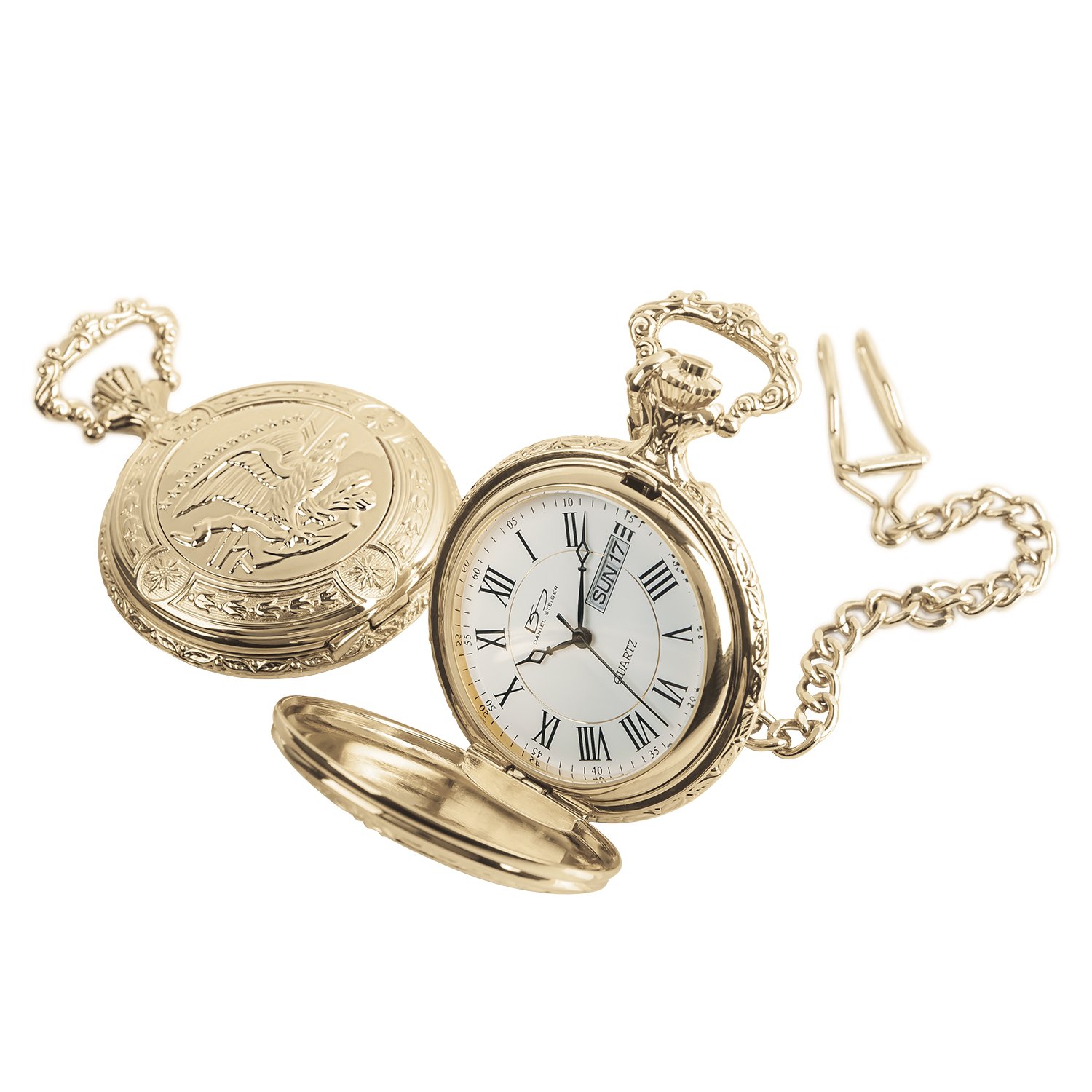 Daniel Steiger American Eagle Luxury Vintage Hunter Pocket Watch with Chain - 18k Gold Plating - Hand-Made Hunter Pocket Watch - Engraved Flying Eagle Design - White Dial with Black Roman Numerals
