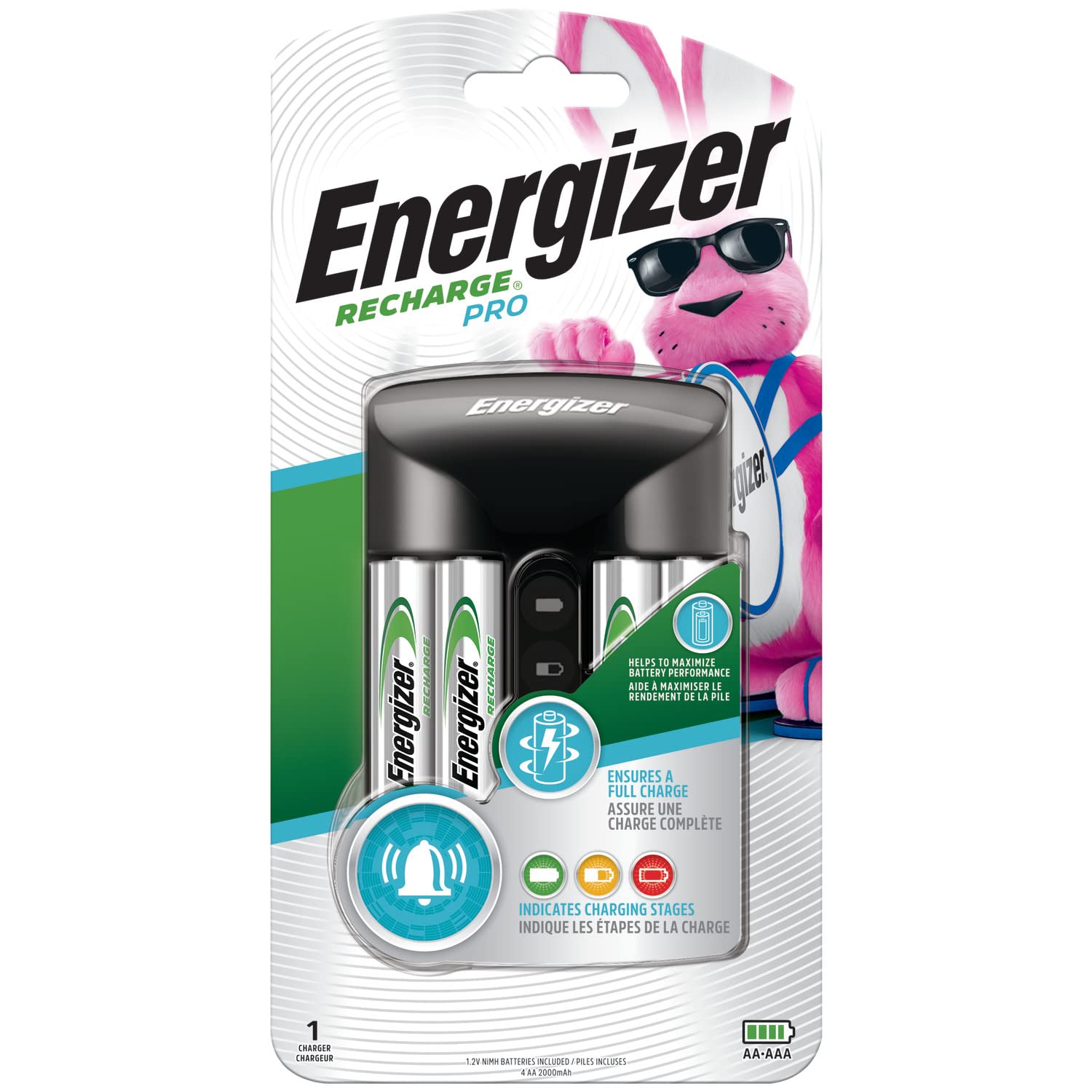 Energizer Rechargeable AA and AAA Battery Charger (Recharge Pro) with 4 AA NiMH Rechargeable Batteries, Auto-Safety Feature, Over-Charge Protection