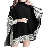Women's Fashion Turtleneck Batwing Sleeve Casual Side Slits Stripe Poncho Sweater Tops Asymmetric Hem Knitted Pullovers