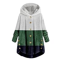Women's Trench Coats Plus Size Button Tops Hooded Patchwork Loose Cardigan Wool Coat Winter Jacket, S-3XL