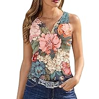 Summer Tops for Women 2024 Dressy Notch V-Neck Button Down Floral Printed Sleeveless Tanks Date Night Shirts