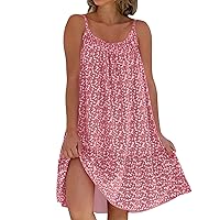Summer Dresses for Women Dress for Women Fashion Floral O Neck Ruffle Hem Spaghetti Strap Sleeveless Short Dress