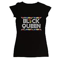 Women's Rhinestone Fitted Tight Snug Shirt Black Queen - in African Colors Border Rhinestone Shirt