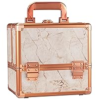Makeup Train Case Rose Gold Cosmetic Box with Mirror & Brush Holder Home or Travel Organizer for Make-up and Jewelry Storage Box with 3-Tier Tackle Trays Portable Lockable Golden Marble