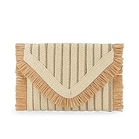 Straw Clutch Purse for Women Envelope Beach Bag with Fringe Trim Summer Woven Clutch Handbag