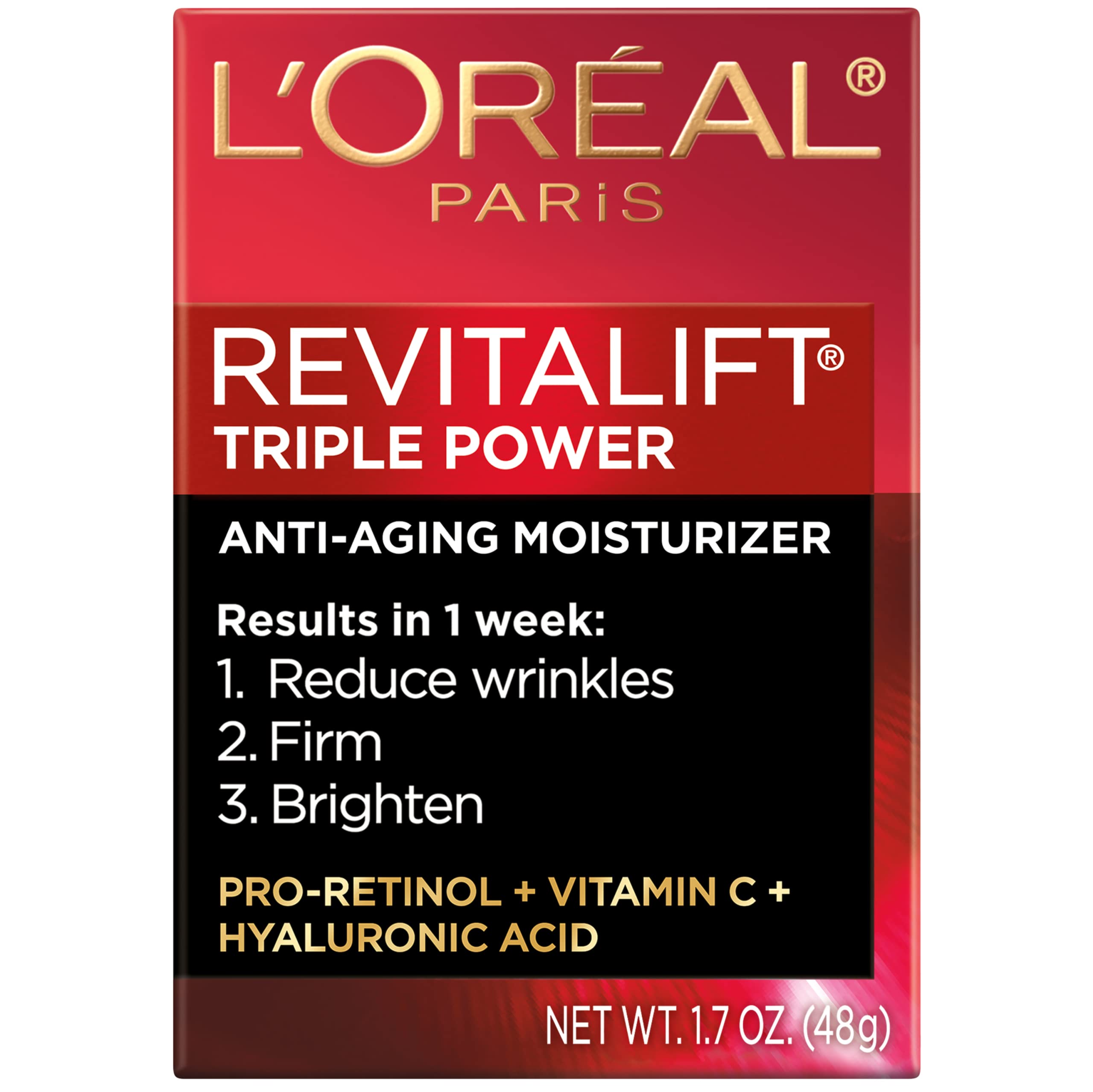 L'Oreal Paris Revitalift Triple Power Anti-Aging Face Moisturizer, Pro Retinol, Hyaluronic Acid & Vitamin C, Reduce Wrinkles 1.7 Oz