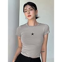 Women's T-Shirt Star Print Crop Tee (Color : Light Grey, Size : Large)