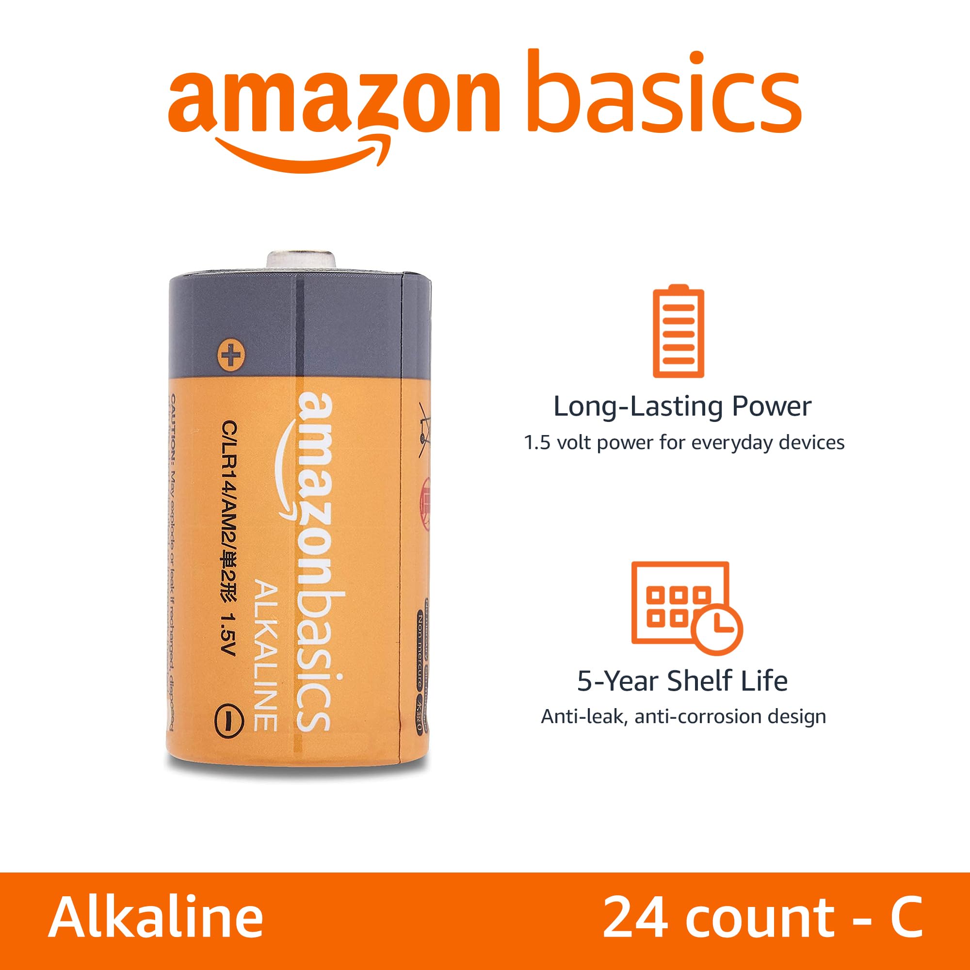 Amazon Basics 24-Pack C Cell Alkaline All-Purpose Batteries, 1.5 Volt, 5-Year Shelf Life