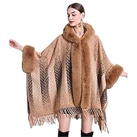 Winter Jacquard Wool Blends Faux Fur Coat Cape Long Loose Women Overcoat Batwing Sleeves Cloak Hood Tassels