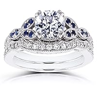 Kobelli Round Diamond and Blue Sapphire Bridal Set 1 2/5 CTW in 14k White Gold