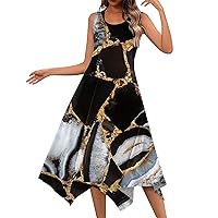 Elegant Dresses for Women Crew Neck Bohemian Floral Sleeveless Sundress Hankerchief Hem Flowy Swing Beach Dresses