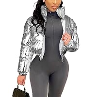 Flygo Women's Metallic Shiny Cropped Quilted Puffer Jacket - Zip Up Padded Down Coat Outerwear