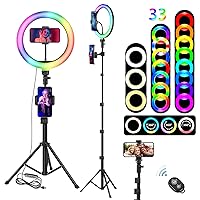 Ring Light with Tripod Stand and Phone Holder, 10.2 Inch LED Selfie Ring Lights with Remote Control, 33 RGB Mode, Ring Light, 63 Inch High, Extended Tripod Stand for Live Streaming, Tiktok, YouTube
