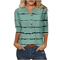 Ladies Tops and Blouses 3/4 Sleeve Button Striped Floral Printing Tee Shirt V Neck Fall Summer Tunics Clothing