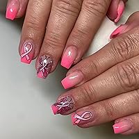 Breast Cancer Press on Nails Short Square Pink Ribbon Fake Nails Breast Cancer Awareness Pink Ribbon Design Artificial Nails Glue on Nails Breast Cancer Awareness Full Cover False Nails for Women