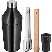 WMF Baric Cocktail Set 4 Pieces Bar Set with Stainless Steel Cocktail Shaker, Bar Measure, Ice Tongs, Wooden Muddler, Stowable in Each Other Gift Box