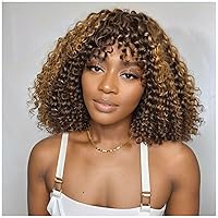 Ombre Bob Wig Human Hair Non Lace Wigs 12 Inch Honey Blonde Glueless Wigs Jerry Curly Pre Plucked with Bangs 150 Density Pixie Cut 4/27 Highlight Machine Made Wig for Black Women