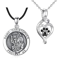 EUDORA Sterling Silver St Christopher's Necklace & Heart Black Dog Paws Pendant Amulet Energy Necklaces for Women Men Gift for Women Girls Husband Wife