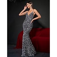 Dresses for Women Backless Mermaid Hem Sequin Prom Dress (Color : Gray, Size : X-Large)