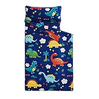 Wake In Cloud - Nap Mat with Removable Pillow for Kids Toddler Boys Girls Daycare Preschool Kindergarten Sleeping Bag, Dinosaurs Printed on Navy Blue, 100% Cotton with Microfiber Fill