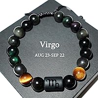 Mother's and Father's Day Gifts, Rainbow Black Obsidian Women and Mens bracelet, 10mm Natural Tigers Eye Hematite Bracelet,Zodiac Healing Crystal Bracelet Good Luck Gifts(Virgo gifts)