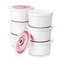 MALACASA Ramekins with Lids 8 oz - Set of 6, White Porcelain Creme Brulee Souffle Ramekins with Covers, Ceramic Custard Cups for Baking, Dishwasher and Oven Safe, Series RAMEKIN.DISH