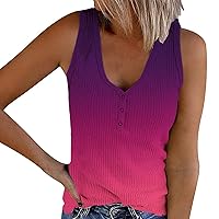 Womens V Neck Tank Tops Summer Ribbed Sleeveless Henley Shirts Casual Gradient Color Button Up Cami Knit Tees