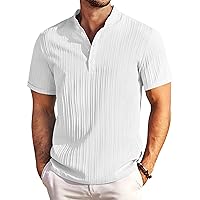 COOFANDY Men Casual Henley Tee Shirt Short Sleeve Band Collar Summer Beach Textured T-Shirt