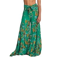 Womens Summer Boho Beach Vacation Pants High Waisted Floral Print Loose Flowy Palazzo Lounge Trouser Wide Leg Pants