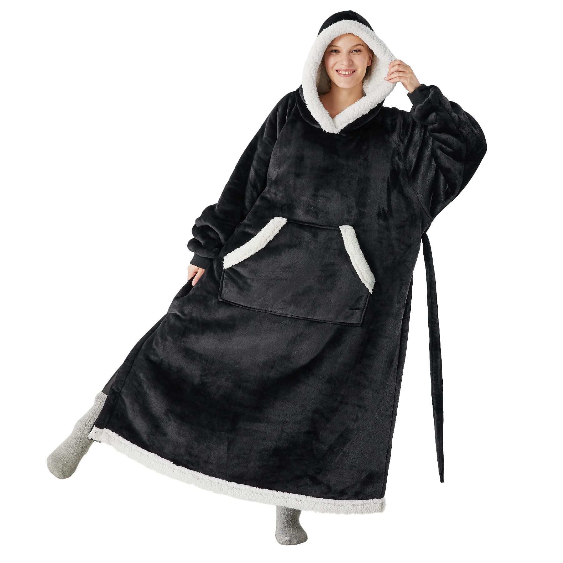 Bedsure Blanket Hoodie Cozy Gifts - Long-Length Wearable Hooded Blanket Sweatshirt Adult with Side Split and Belt, Warm Sherpa Fleece Blanket Jacke...