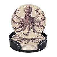 Vintage Octopus Printed Drink Coasters with Holder Leather Coasters Set of 6 Tabletop Protection Decorate Cup Mat for Coffee Table Bar Kitchen Dining Room
