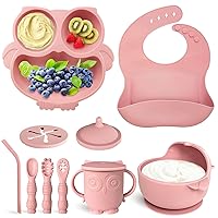 Baby Led Weaning Supplies - 10Pcs Silicone Baby Feeding Set Baby Pre-Spoon and Fork, Adjustable Bib, Sippy Suction Silicone Baby Bowl Self for Babies, Toddler and Kids
