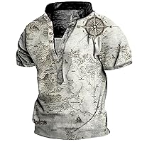 Men's Short Sleeve Henley T-Shirt Ethnic Aztec Print Tops Blouse Casual Button Down Sports Bodybuilding Shirts