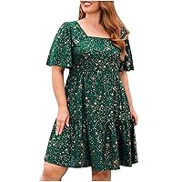 Women's Plus Size Summer Tiered Cotton Linen Dress Casual Short Sleeve Square Neck Stars Print Loose Swing Dresses
