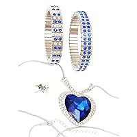 Luxury HANDMADE Women's day Love gift for Woman's day Heart of Ocean Silver Handmade Necklace with Austrian Crystal DiamondHandset + Sapphire Blue bracelets for wife Mothers day gift for her Jewelry set