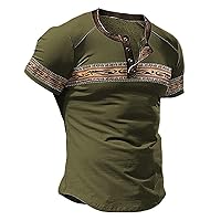Men's Henley Shirts Color Block Splic Casual Short Sleeve V Neck Button Down Shirt Comfy Summer Tee Tops