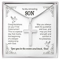 Congratulations On Your First Communion To My Amazing Son Cross Necklace Gift From Dad, Christian Baptism Gifts For Boy, First Communion Necklace Gift For Boy, Christian, Baptism, Godson Gift, Necklace With Message Card And Box Gift, Birthday, Holy Communion Gift For Men.