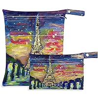 visesunny Oil Painting Sunset Paris 2Pcs Wet Bag with Zippered Pockets Washable Reusable Roomy Diaper Bag for Travel,Beach,Daycare,Stroller,Diapers,Dirty Gym Clothes,Wet Swimsuits,Toiletries