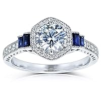 Kobelli Moissanite Sapphire and Diamond 6-prong Halo Art Deco Ring 1 1/2 CTW 14k White Gold (DEF/VS, Blue, GH/I)
