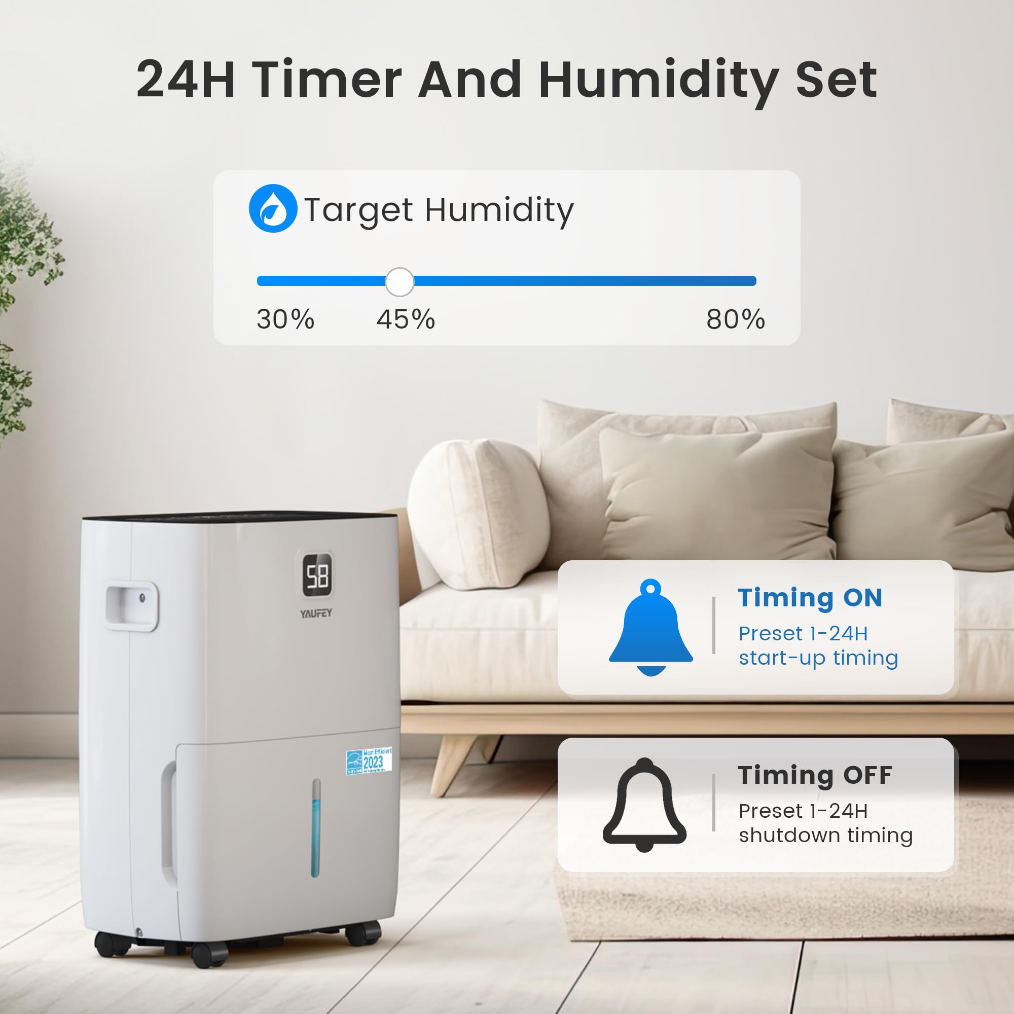 Yaufey 80-Pint Energy Star Dehumidifier for Home, Basement and Large Rooms up to 6000 Sq. Ft, Powerful and Quiet, with Timer, Intelligent Humidity Control, Drain Hose and Large Water Tank