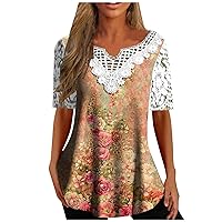 Women's Fashion Casual Lace Sleeve Shirts V-Neck Lace Trim Printed Short Sleeve Tops Pleats Flowy Blouse Tees