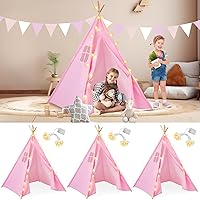 3 Set Teepee Tents for Kids 6ft Cotton Canvas Play Tents with LED String Lights Indoor Outdoor Tents Kids Tipi Tents for Girls Boys Party Favor(3 Set, Pink, Ridge)