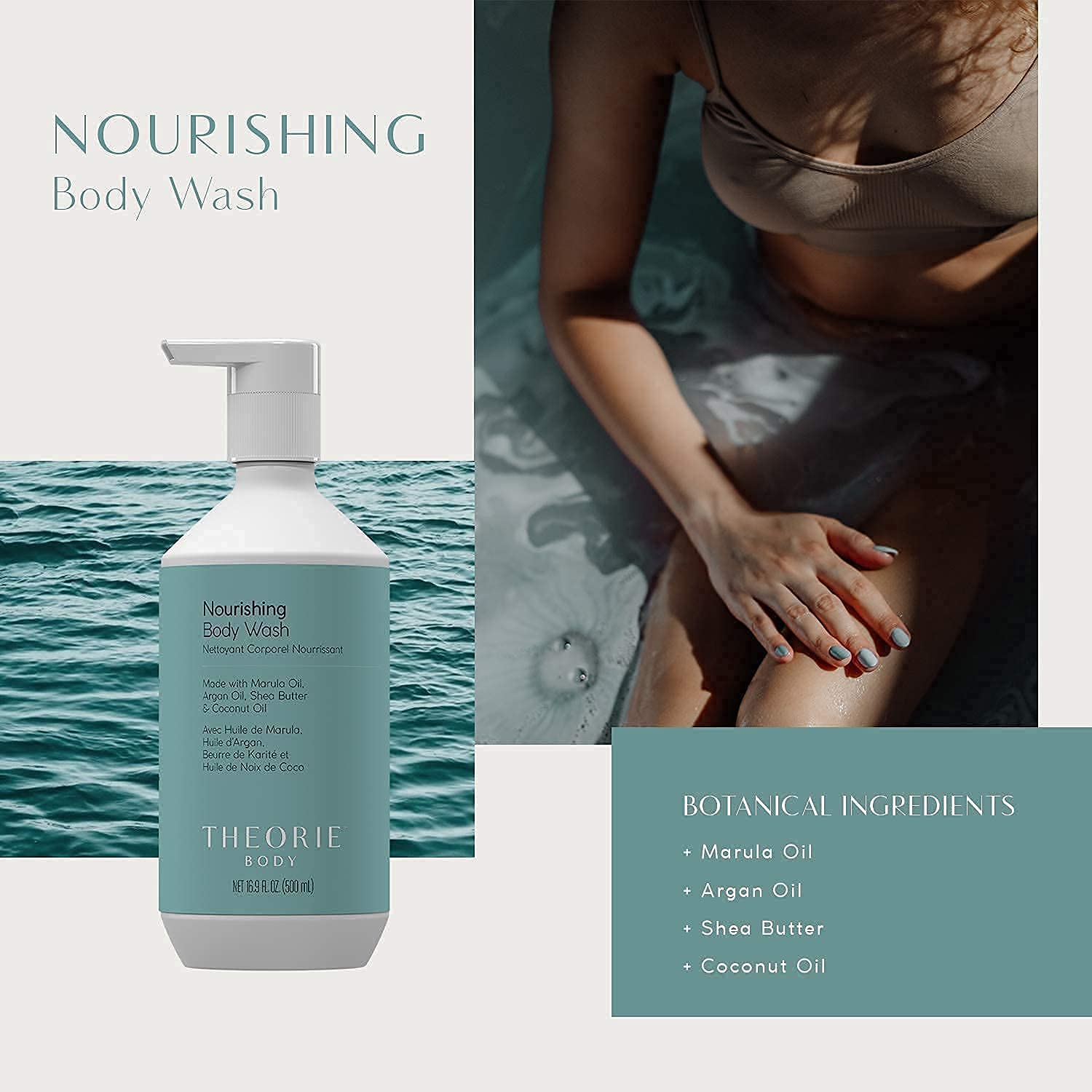 THEORIE Premium Nourishing Body Wash - Made with Marula Oil, Argan Oil, Coconut Oil & Shea Butter - Featuring our Amber Rose Fragrance - Vegan - Suited for All Skin Types - Pump Bottle 500mL