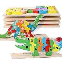 SHIERDU Wooden Puzzles for Kids, Toddler Number Puzzle, Old Wooden Dinosaur Puzzles and Animal Jigsaw Toys for Boy Girl Ideal Gift, 2-6 Years, Pack of 6, 2-1