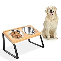 Elevated Dog Bowls for Medium Dogs, Bamboo Tilted Raised Dog Bowl Stand with 2 Stainless Steel Bowls for Small,Dog Food Bowl and Dog Water Bowl Non-Slip Feet for Medium & Partial Large Dogs