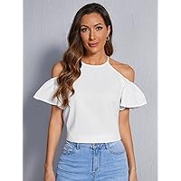 Womens Summer Tops Cold Shoulder Ruffle Sleeve Solid Top (Color : White, Size : Small)