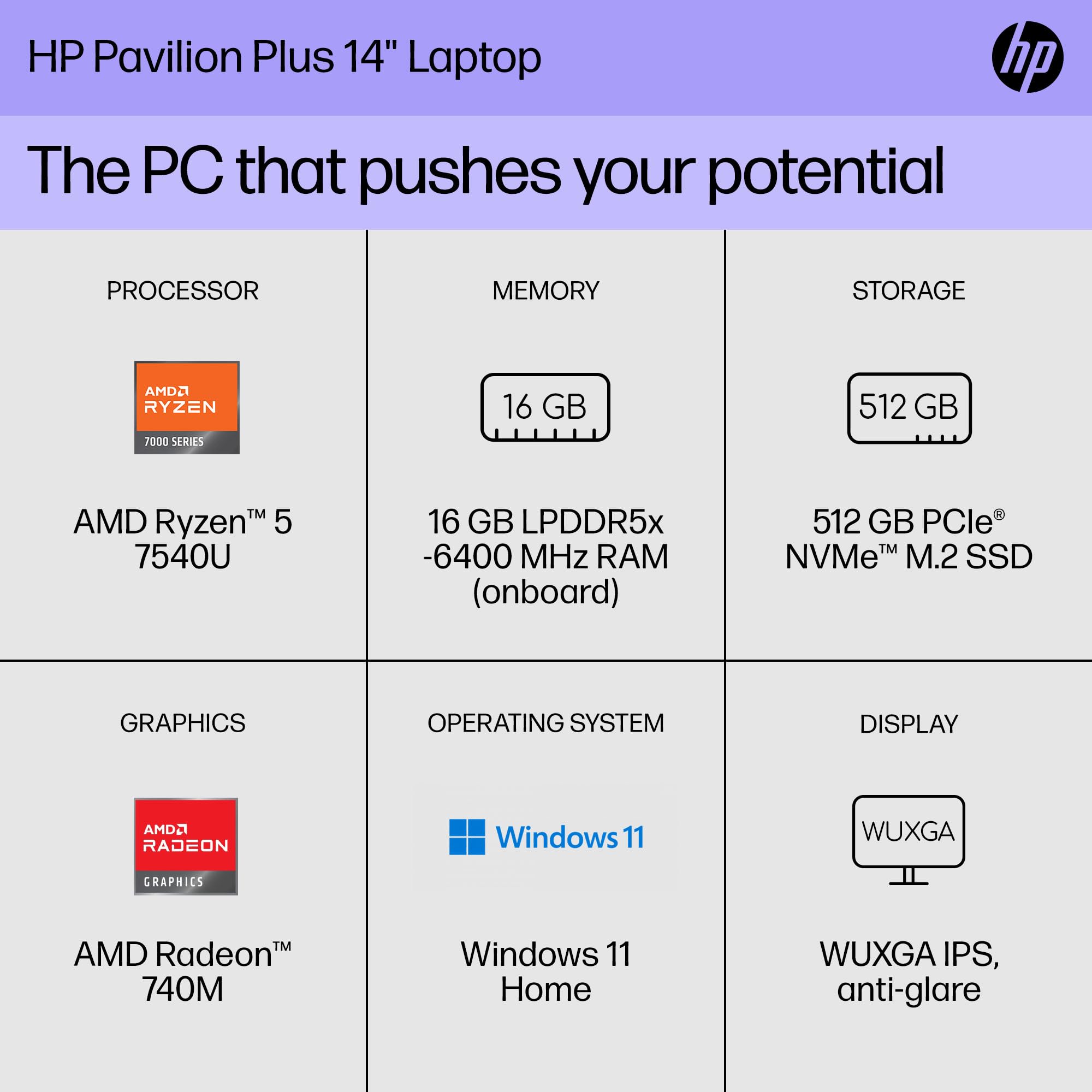 HP Pavilion Plus 14 inch Laptop, WUXGA Display, AMD Ryzen 5 7540U, 16 GB RAM, 512 GB SSD, AMD Radeon 740M Graphics, Windows 11 Home, 14-ey0010nr (2023)