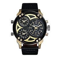 Men's Analogue Quartz Watch with Leather Strap, 3 Time Zones, Large Dial Quartz Watch for Men