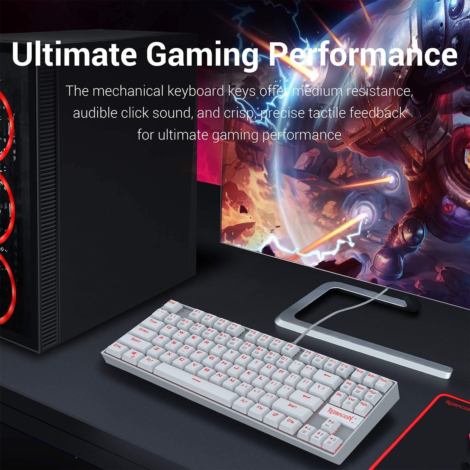 Redragon K552 Mechanical Gaming Keyboard 60% Compact 87 Key Kumara Wired Blue Switches for Windows PC Gamers (RED Backlit White)