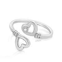 925 Sterling Silver Adjustable Ring 2mm (0.03 ct. tw) Diamond Two Hearts Lovers Ring